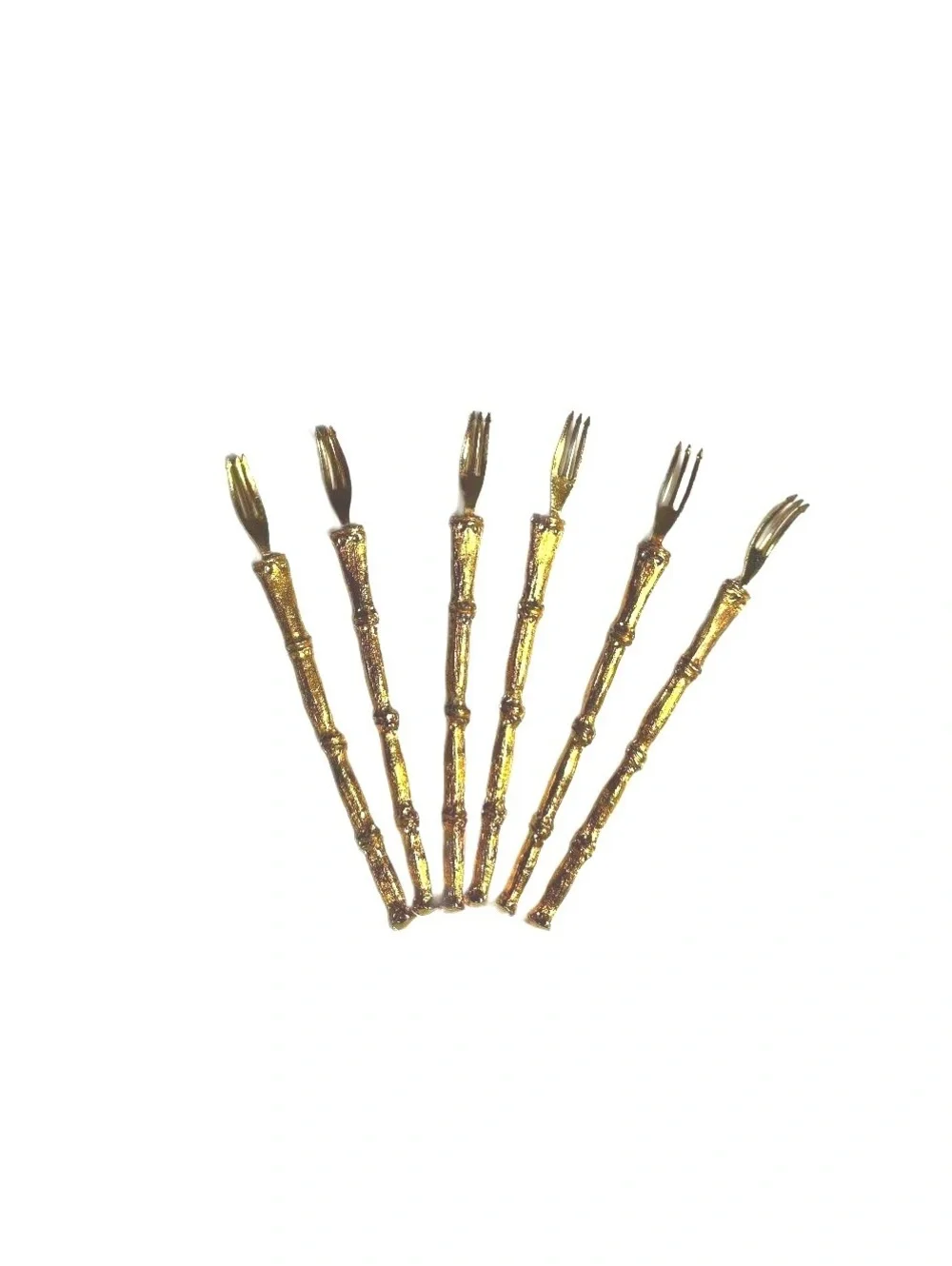 Vintage Gold Tone Bamboo Handle Cocktail Set. 6 Forks, Knives, Spoons
